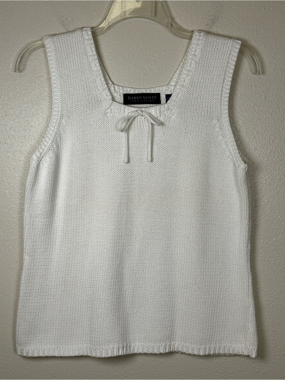 VTG Karen Scott L White Cotton Knit Square Neck Sweater Tank Tie Coquette Y2K